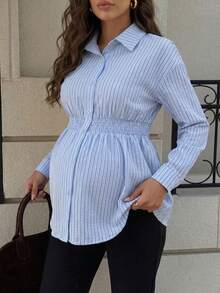 MaterniWear Women's Maternity Blue And White Striped Long-Sleeve Button-Front Shirt (Autumn) Social Blouse Fall - Blue - View 11