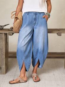 EMERY ROSE Women's Pocket Tapered Casual Loose Fit Jeans - Blue - View 2