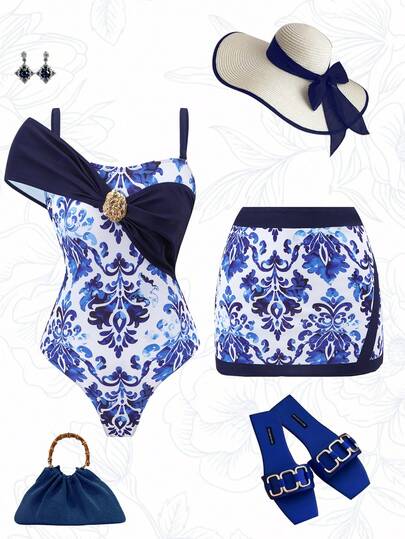 Swim Oasis 2026新款藍白瓷器圖案不對稱領口大尺碼女款兩件式泳衣