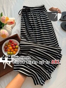 SHEIN CURVE+ 女款黑白條紋休閒抽繩大尺碼長褲，適合秋季/居家穿著 - 黑與白 - 查看 8