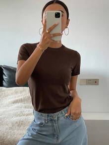 DAZY 1pc Women's Solid Color Crew Neck Fitted Short Sleeve T-Shirt - Coffee Brown - View 12