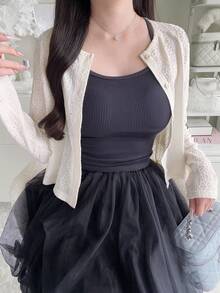 FRIFUL 女款圓領休閒寬鬆波點前開鈕扣T恤 - 米色 - 查看 9