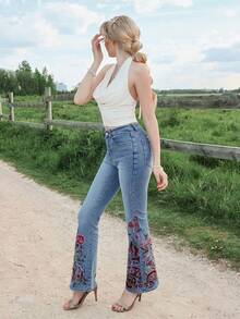 ROMWE X Elena Katey Ladies' Floral Embroidered Flared Jeans, School - Light Wash - View 2