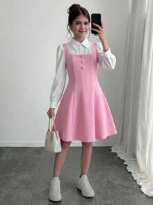 SHEIN Tween Girls White Soft Pink Colorblock Long Sleeve Dress With Pearl Button Decoration, Princess Style Cute Preppy School Back-To-School Autumn - Pink - View 4