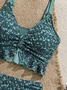 Swim Lushoire 女款夏季海灘度假比基尼背心上衣，紋理布料，荷葉邊飾，高腰抽繩設計，女性節慶穿搭，海灘穿搭，度假穿搭，綠色 - 綠色 - 查看 3