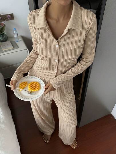 DAZY 女款純色單排扣長袖上衣與長褲休閒居家服套裝