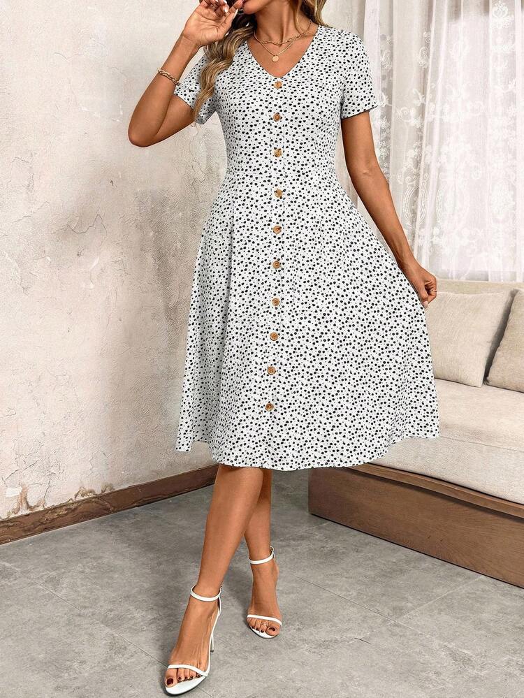 SHEIN Clasi V-Neck Button Red Polka Dot Waist Cinched Women Dress,Spring Clothes,Valentine Day Dress ,Summer Dress - Black and White - View 4