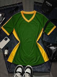 SHEIN EZwear 女款字母印花V領短袖休閒街頭風運動多功能T恤 綠色與黃色 夏季外出運動日常度假 - 彩色 - 查看 2