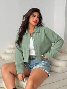 SHEIN EZwear Women's Plus Size Mint Green Cropped Jacket Fall - Mint Green - View 6