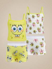 SpongeBob SquarePants | SHEIN 少女細肩帶內衣與內褲套裝 - 白色 - 查看 1