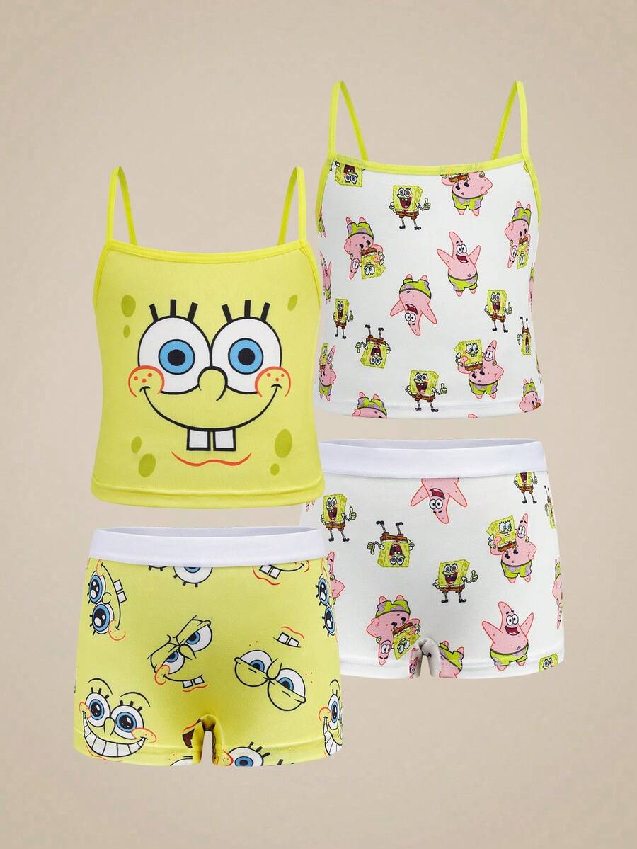 SpongeBob SquarePants | SHEIN 少女細肩帶內衣與內褲套裝 - 白色 - 查看 1