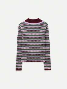 Nöista Top de punto con estructura de rayas de colores, cuello en color contrastante y detalles en color rosa alrededor, otoño para mujeres, vuelta al colegio - Verde - Ver 9