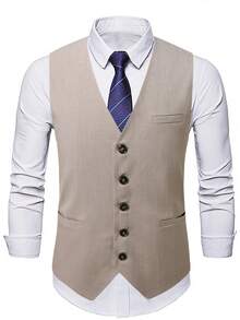 Manfinity Homme Plus Size Men's Solid Color Single-Breasted Business Suit Vest - Khaki - View 4
