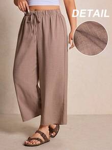 SHEIN PETITE CURVE CURVE 大尺碼女款小個子休閒夏季馬卡龍色度假抽繩腰鬆寬腿長褲 - 駝色 - 查看 2