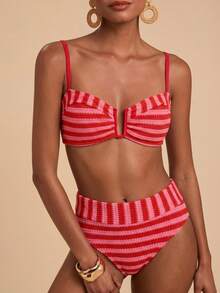 Travachic Women's Summer Beach Striped Colorblock Spaghetti Strap Bikini & Triangle Bottom Two-Piece Swimsuit Set - Multicolor - View 1