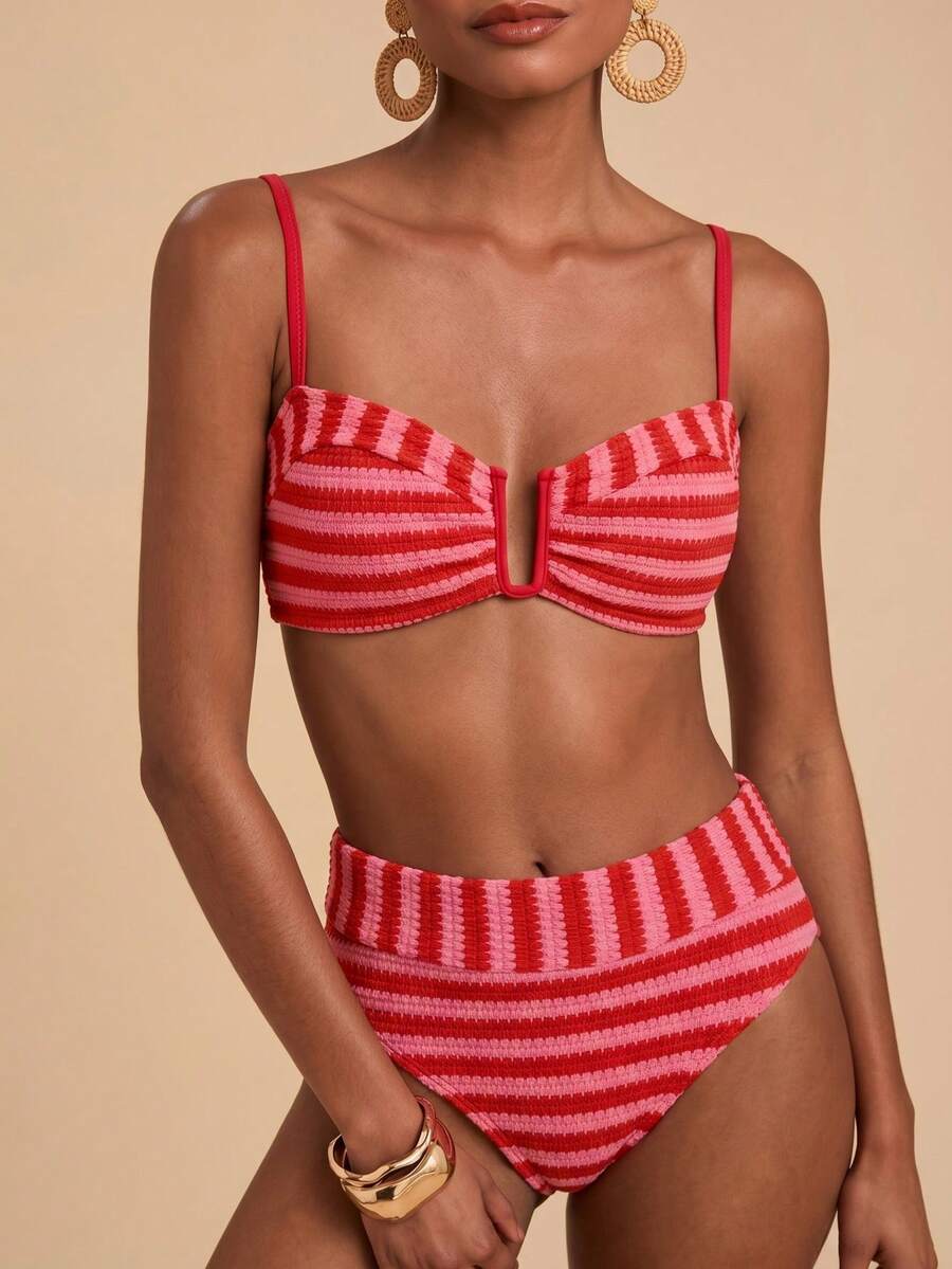 Travachic Women's Summer Beach Striped Colorblock Spaghetti Strap Bikini & Triangle Bottom Two-Piece Swimsuit Set - Multicolor - View 1