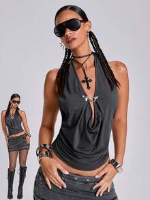 ACID BLVD Women's Summer Y2K Metal Airplane Buckle Deep V Ruffle Draped Neck Tank Top - Grey - View 8