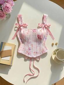 SHEIN MOD 大尺碼夏季夢幻浪漫花卉印花細肩帶上衣，鄉村風，宮廷風，舞廳浪漫派對，度假奢華復古宮廷 - 彩色 - 查看 1