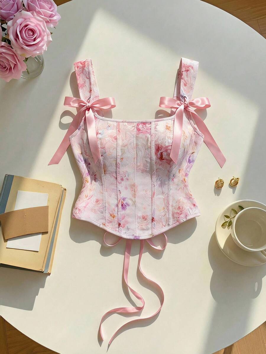SHEIN MOD 大尺碼夏季夢幻浪漫花卉印花細肩帶上衣，鄉村風，宮廷風，舞廳浪漫派對，度假奢華復古宮廷 - 彩色 - 查看 1