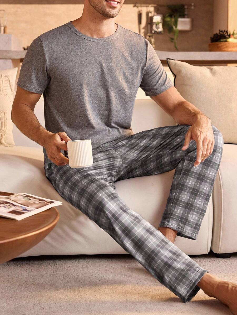 SHEIN Provexi 大码男士纯色短袖格子裤睡衣套装 - 灰色 - 查看 1
