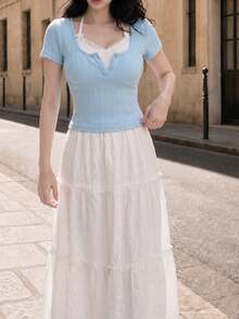 SHEIN MOD Kawaii Ballet Bow Lace Trim Short Sleeve 2 In 1 T-Shirt Summer Women Tops - Blue - View 8