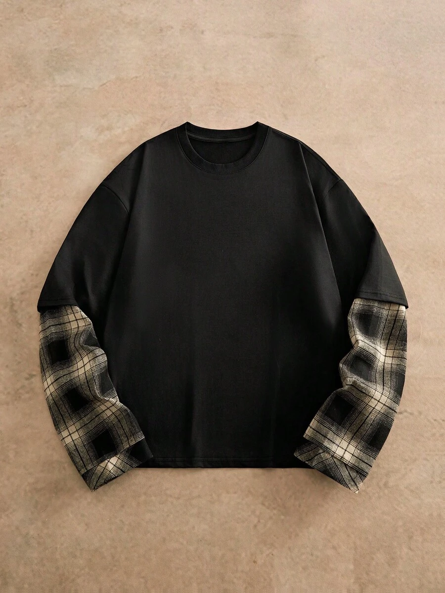 HIMLAND Men's Patchwork Plaid 2 In 1 Crew Neck Long Sleeve T-Shirt - Black - View 1