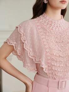 Anewsta Elegant Fashion Cut-Out Chiffon Fabric Contrast Lace Trim Ruffle Short Sleeve Blouse For Women - Pink - View 2