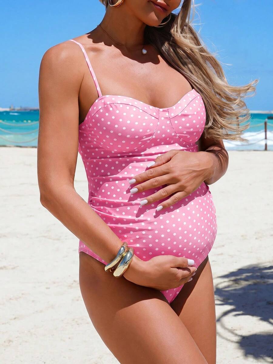 SHEIN 26SS 夏季海灘度假復古圓點鋼圈基本休閒孕婦連身泳衣 - 彩色 - 查看 1