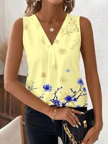 SHEIN Clasi 女款V領無袖梅花印花上衣，休閒日常穿著，奶油黃，適合夏季，時尚百搭大尺碼襯衫 - 彩色 - 查看 3