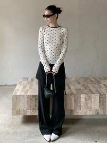 FRIFUL Women's Round Neck Flocked Polka Dot Fitted Tight Contrast Edge T-Shirt Long Sleeve - Beige - View 8