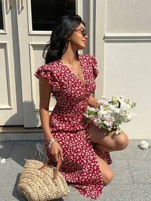 SHEIN Frenchy 女士休闲碎花纽扣连衣裙，适合度假 - 紅色 - 查看 8
