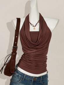SHEIN ICON 2件組 西式性感女款夏季波希米亞風深棕色細肩帶露背背心內搭上衣，適合外出與夜生活 - 棕色 - 查看 3