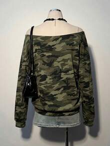 SHEIN EZwear 女款休閒衛衣，迷彩印花，露肩衛衣，女款秋冬服飾，街頭風，適合日常通勤、約會、聚會、秋冬、夏季、聖誕節、新年、感恩節、派對、婚禮、海灘、畢業典禮，優雅、休閒、外出 - 彩色 - 查看 6