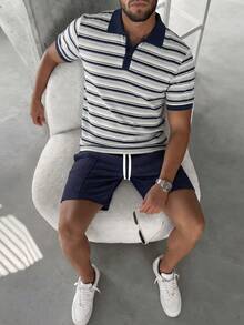Manfinity CasualCool 男士夏季休閒條紋短袖 Polo 衫，海軍藍與白色老錢風，日常休閒，禮物派對度假假期，儀式 - 彩色 - 查看 4