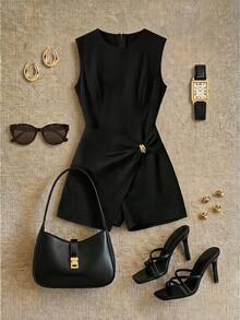 Grovea Plus Size Sleeveless Asymmetrical Pleated Casual Elegant Work Cocktail Date Night Jumpsuit Black Summer - Black - View 1