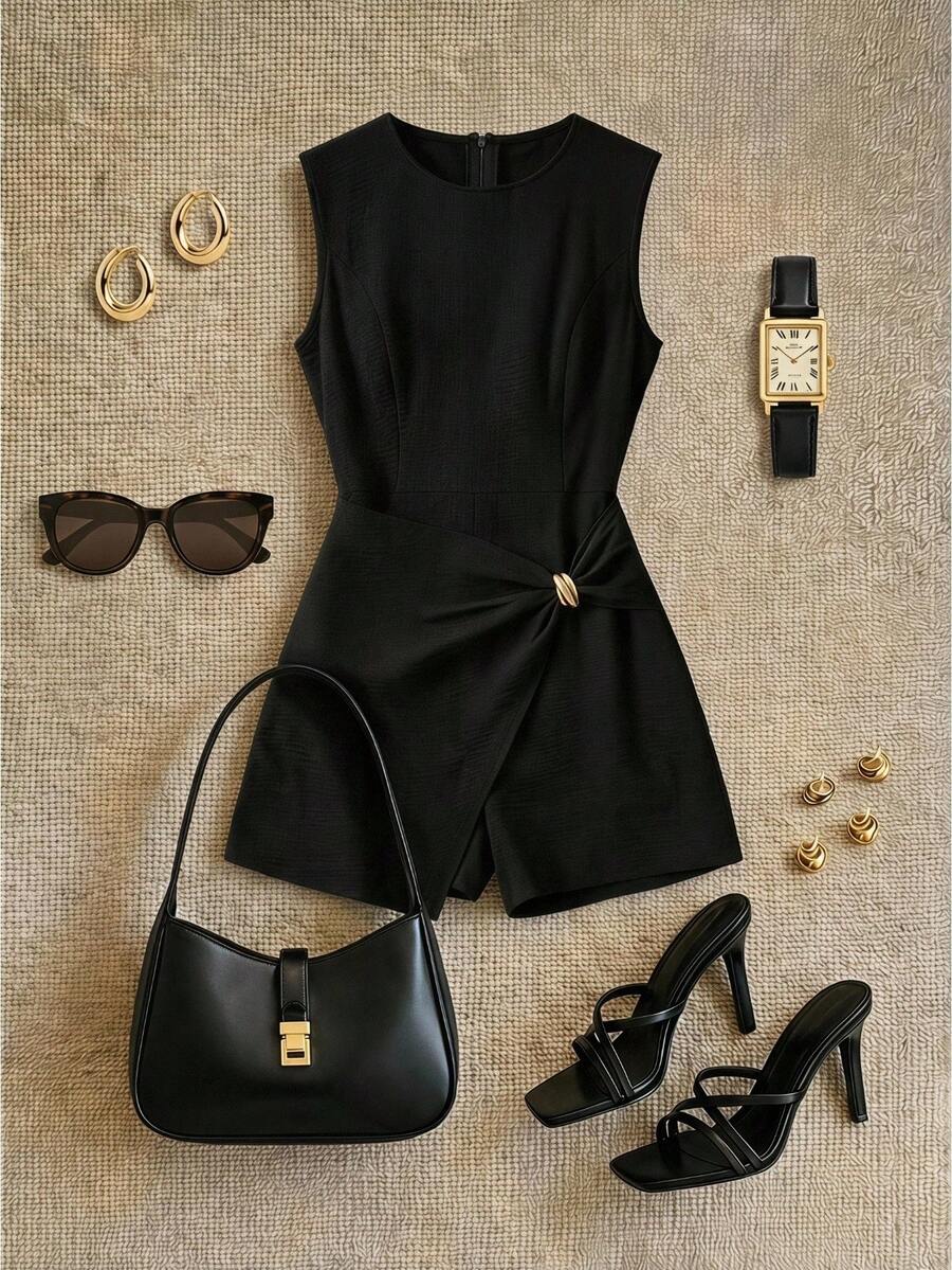 Grovea Plus Size Sleeveless Asymmetrical Pleated Casual Elegant Work Cocktail Date Night Jumpsuit Black Summer - Black - View 1