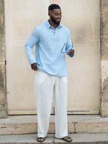 thenoahjr thenoahjr Men's Lightweight Loose Fit Linen Blend Long Sleeve Polo Shirt, Shallow Blue, Half-Zip Design, Breathable & Comfortable, Suitable For Beach & Outdoor Activities (Summer Fabric Is Thin & Slightly Sheer; European & American Sizes Run Larger!! Sleeves Are Longer, Recommend Ordering One Size Smaller!) - Baby Blue - View 7