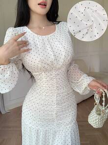 Modelyn Round Neck Ruched Waist White With Black Polka Dots Bodycon Chiffon Dress Date Night Autumn Romantic - Apricot - View 5