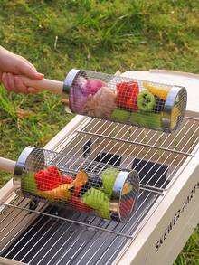 Cirelle 1PC Rolling BBQ Grilling Basket With Long Wooden Handle, Stainless Steel Mesh Cylinder Barbecue Basket, Rotating BBQ Drum Rack For Outdoor Grilling, Camping Picnic Accessories - round - View 4