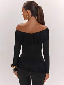 SHEIN BAE Women's Fashion Asymmetric Neckline Long Sleeve Top With Tassel Hem Halloween Party Cocktail Night Out Going Out Casual Sexy Elegant Black Fall - Black - View 2