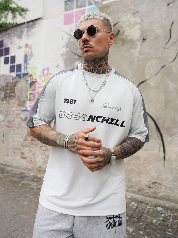 Artur Kramer Men's Knitted Fashion Casual Daily Young Loose Patchwork Print Pattern Short Sleeve T-Shirt, Summer, School, For Fall