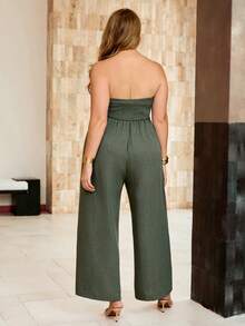 Roveilla Plus Size Women Solid Color Patchwork Ruffle Strapless Wide Leg Elegant Jumpsuit - Green - View 3