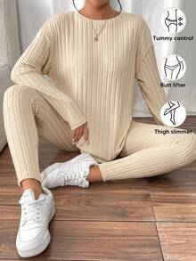 SHEIN Frenchy Drop Shoulder Ribbed Knit Tee & Leggings Textured Fabric Two Pieces - Apricot - View 5