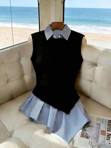 Franclia Plus Size Women's Patchwork Striped 2 In 1 Sleeveless Casual Shirt - Multicolor - View 1