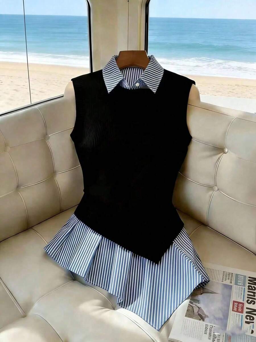 Franclia Plus Size Women's Patchwork Striped 2 In 1 Sleeveless Casual Shirt - Multicolor - View 1