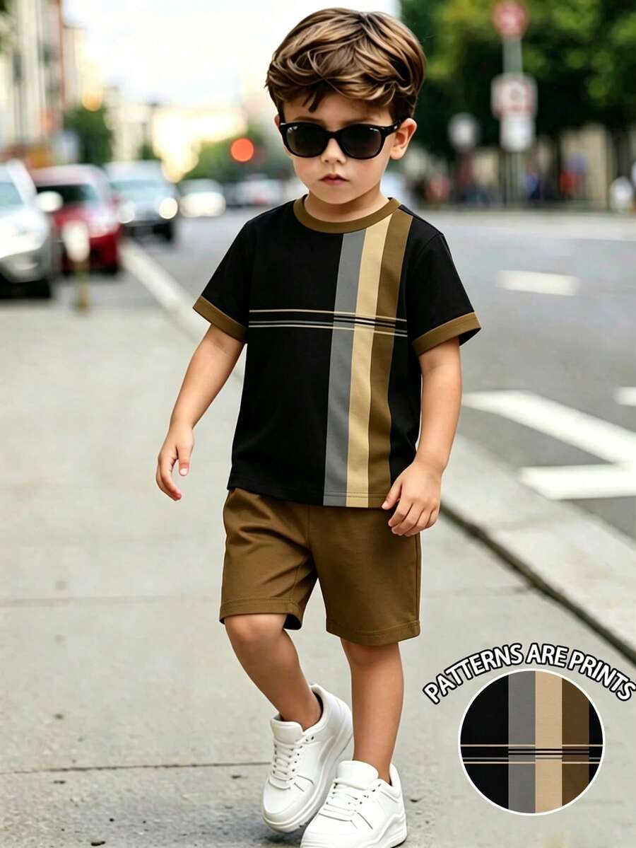 Young Boys 2-Piece Set Minimalist Fashion Contrast Color Striped Color Block Print Short Sleeve T-Shirt And Printed Shorts Outfit Suitable For Summer Outings - Multicolor - View 1
