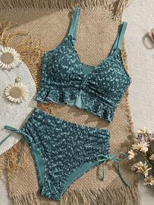 Swim Lushoire 女款夏季海灘度假比基尼背心上衣，紋理布料，荷葉邊飾，高腰抽繩設計，女性節慶穿搭，海灘穿搭，度假穿搭，綠色 - 綠色 - 查看 4