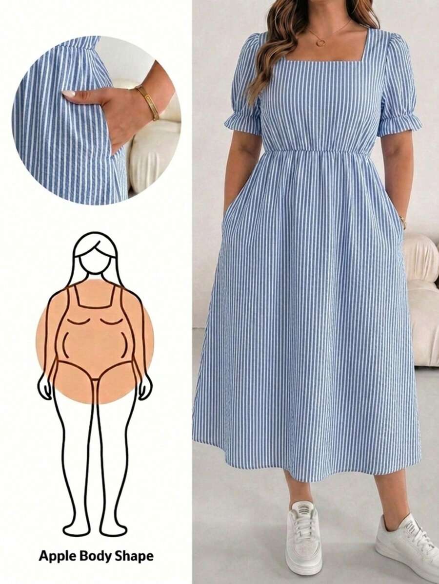 Shapeblank 大尺碼女款條紋百褶休閒日常洋裝 - 彩色 - 查看 1