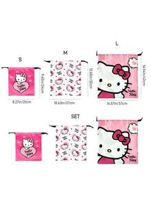 HELLO KITTY AND FRIENDS | SHEIN Dompet Serut Satin Motif Kucing Kartun Tersedia dalam 3 Ukuran, Dijual Terpisah atau dalam Satu Set untuk Penyimpanan Aksesori Perjalanan - Putih merah muda - View 5