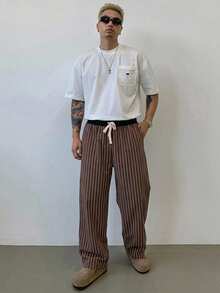 DAZY 男士四季條紋抽繩腰直筒休閒長褲 - 棕色 - 查看 3